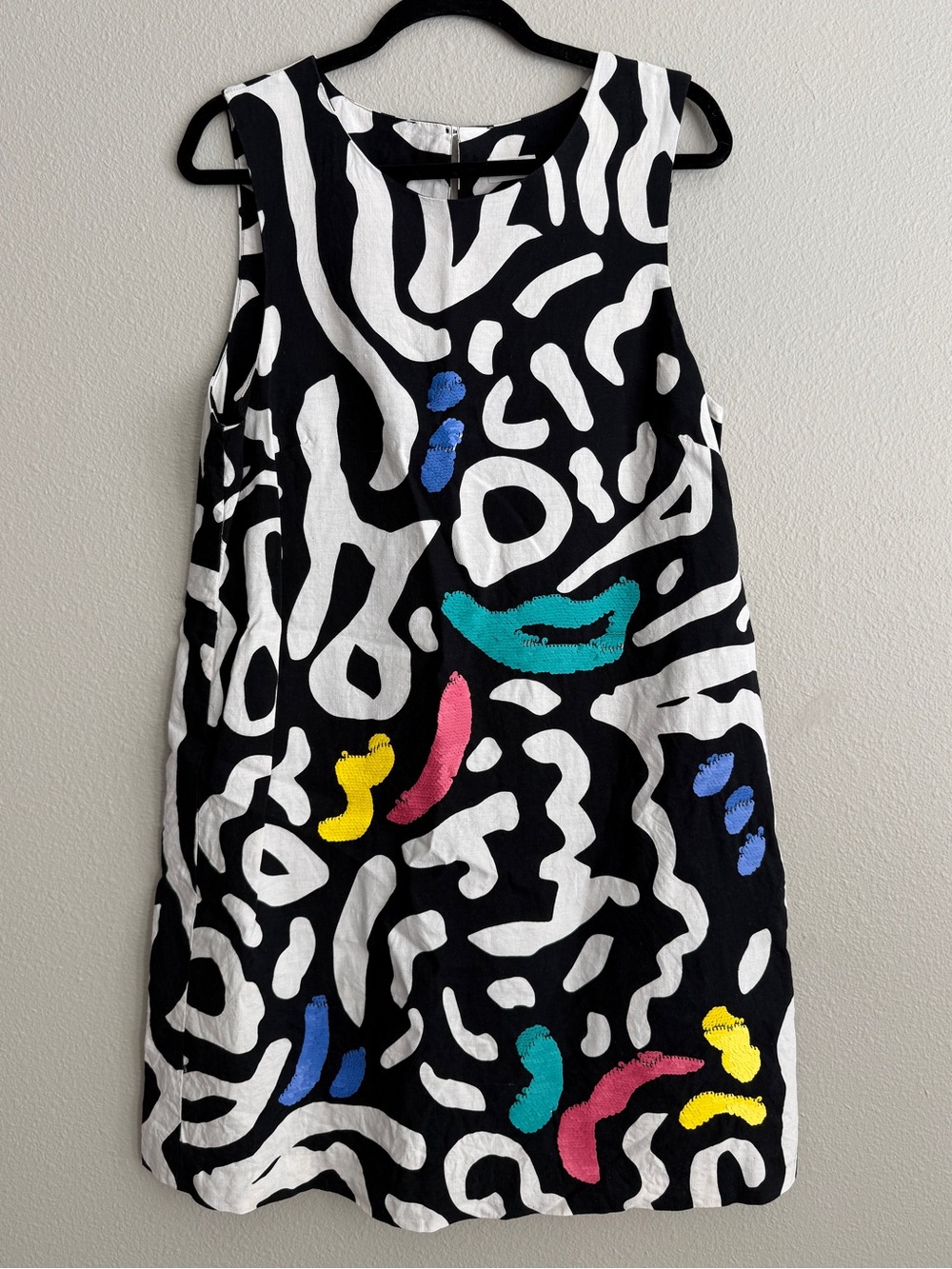 GORMAN Women’s Sz 12 Shift Dress Sequin Abstract Silk Linen Black White Squiggle